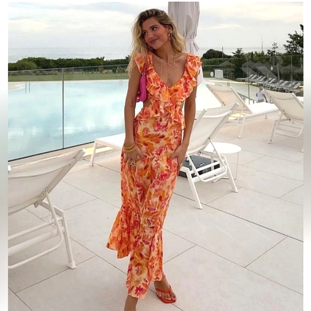 ZARA MAXI DRESS Printed Orange SIZE L